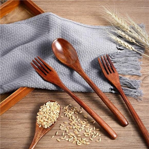 (10 Pack) Wooden Spoons Forks Set Wooden Utensils for Eating Wood Dinner Utensil - Picture 5 of 7